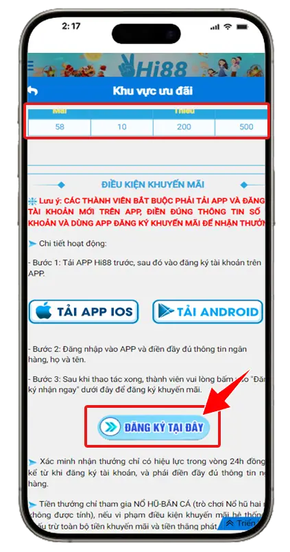 Bước 1: Tại khuyến mãi "KM58" trong mục khuyến mãi, nhấn ĐĂNG KÝ TẠI ĐÂY.